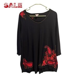 J. Jill Paisley Embroidered Tunic Top Large Boho Lagenlook Black Red Pima Cotton